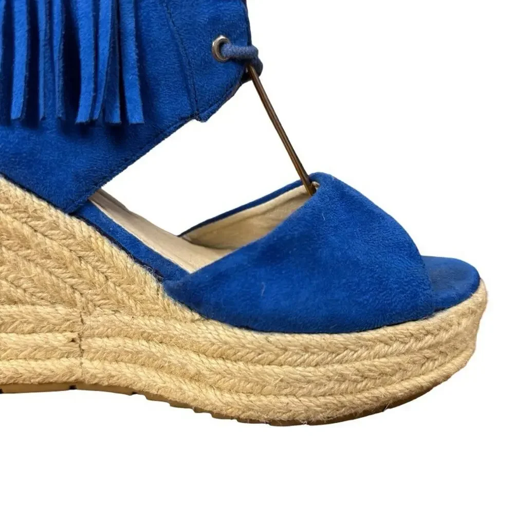 Miim Opava Blue Suede Leather Wedge Espadrille Fringe Sandals Shoes Platform 8